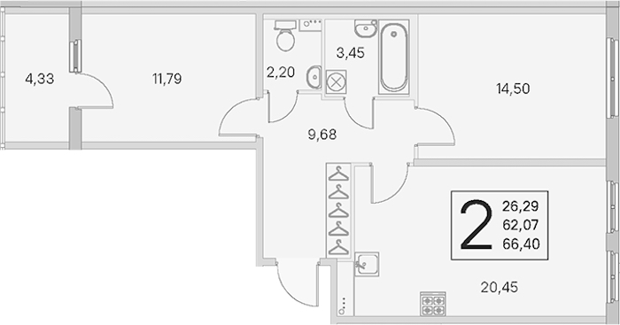 2-комнатная квартира 62.07 м², 1/4 эт., ЖК «Любоград в Стрельне»